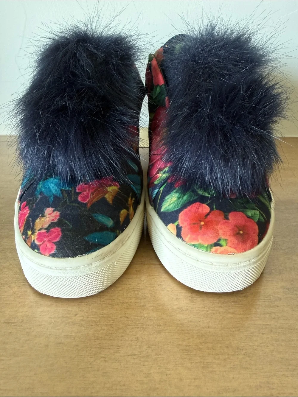 Sam Edelman Navy Floral Slip-Ons with Faux Fur Pom